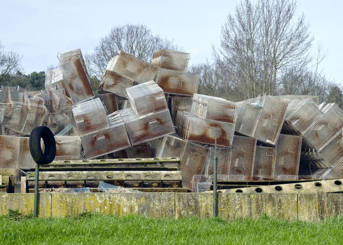 Lege opeengestapelde kooitjes bij een nertsenfarm in Loon op Zand
