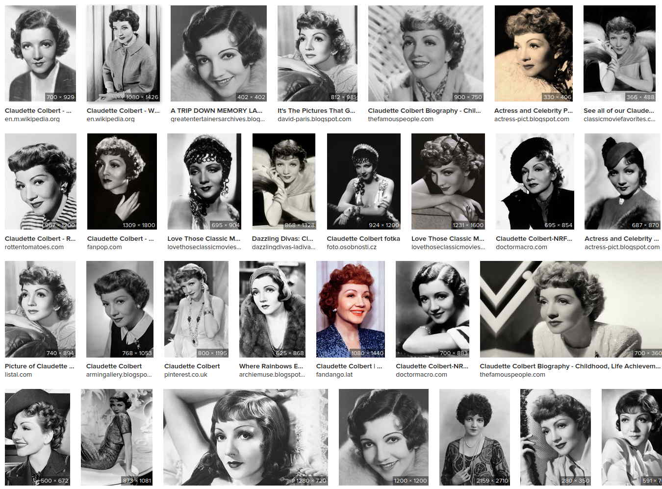 Screenshot zoekresutaat afbeeldingen van actrice Claudette Colbert dat haar steeds alleen maar van haar linkerkant laat zien.