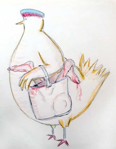 Tekening van kip met menselijke ledematen in boodschappentas