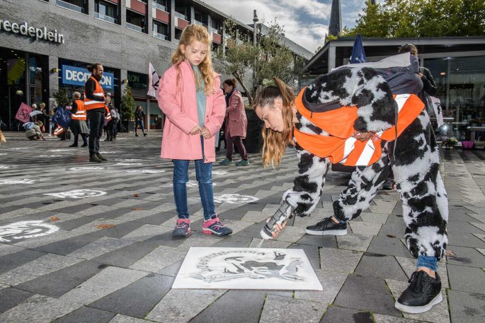 Deelnemer actie maakt afbeelding hoofd van koe met spuitbus stoepkrijt tijdens actie Extinction Rebellion in Tilburg tegen slachterij Vion