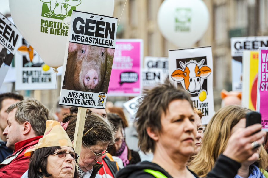 Demonstratie 'We zijn het Mega Zat' op de Dam te Amsterdam, tegen megastallen, vee-industrie en de nieuwe natuurwet van staatssecretaris Henk Bleker.