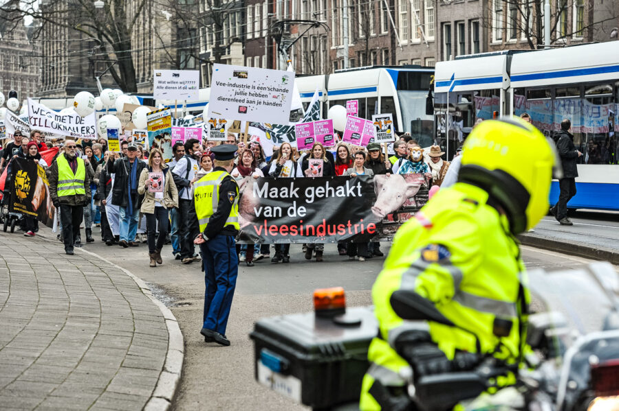 Demonstratie 'We zijn het Mega Zat' op de Dam te Amsterdam, tegen megastallen, vee-industrie en de nieuwe natuurwet van staatssecretaris Henk Bleker.