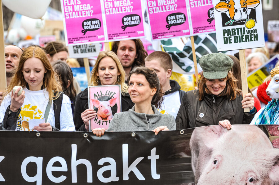 Demonstratie 'We zijn het Mega Zat' op de Dam te Amsterdam, tegen megastallen, vee-industrie en de nieuwe natuurwet van staatssecretaris Henk Bleker.