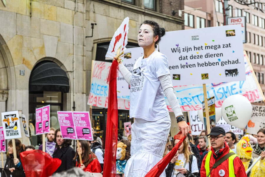Demonstratie 'We zijn het Mega Zat' op de Dam te Amsterdam, tegen megastallen, vee-industrie en de nieuwe natuurwet van staatssecretaris Henk Bleker.